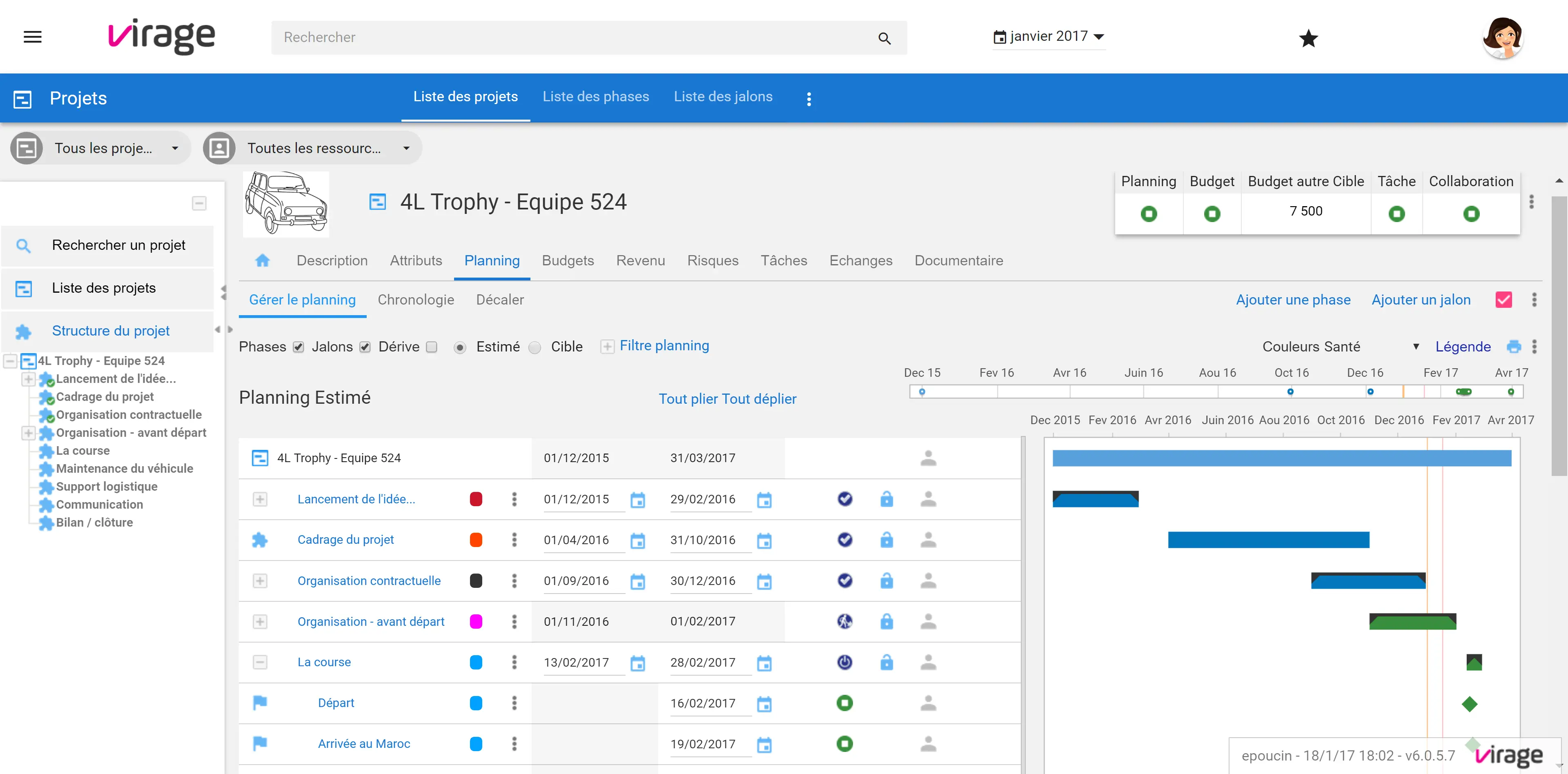 Gantt du projet 4L Trophy avec Project Monitor