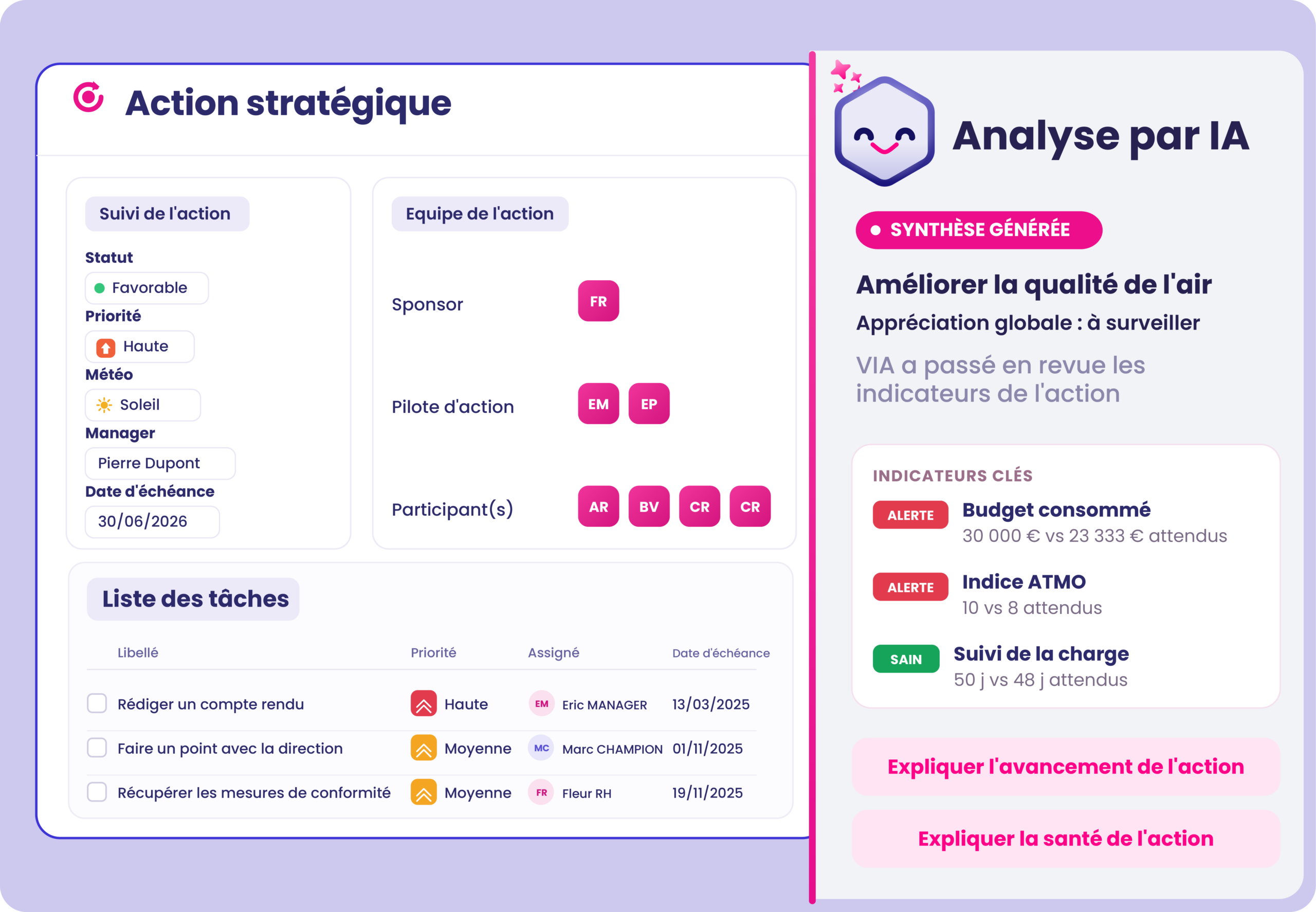 Interface de Strat monitor, module des revues stratégique avec captation d'une réunion teams et génération d'un compte-rendu